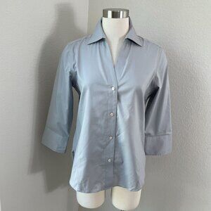 NEW Foxcroft Womens Small Silver Easy Care Solid Poplin No Iron Button Up Blouse